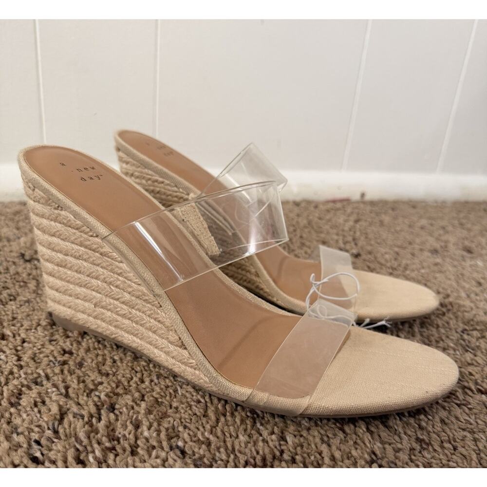 A New Day Clear Strap Espadrille Wedge Sandals Nude Beige Size 11 NWT - Picture 2 of 8